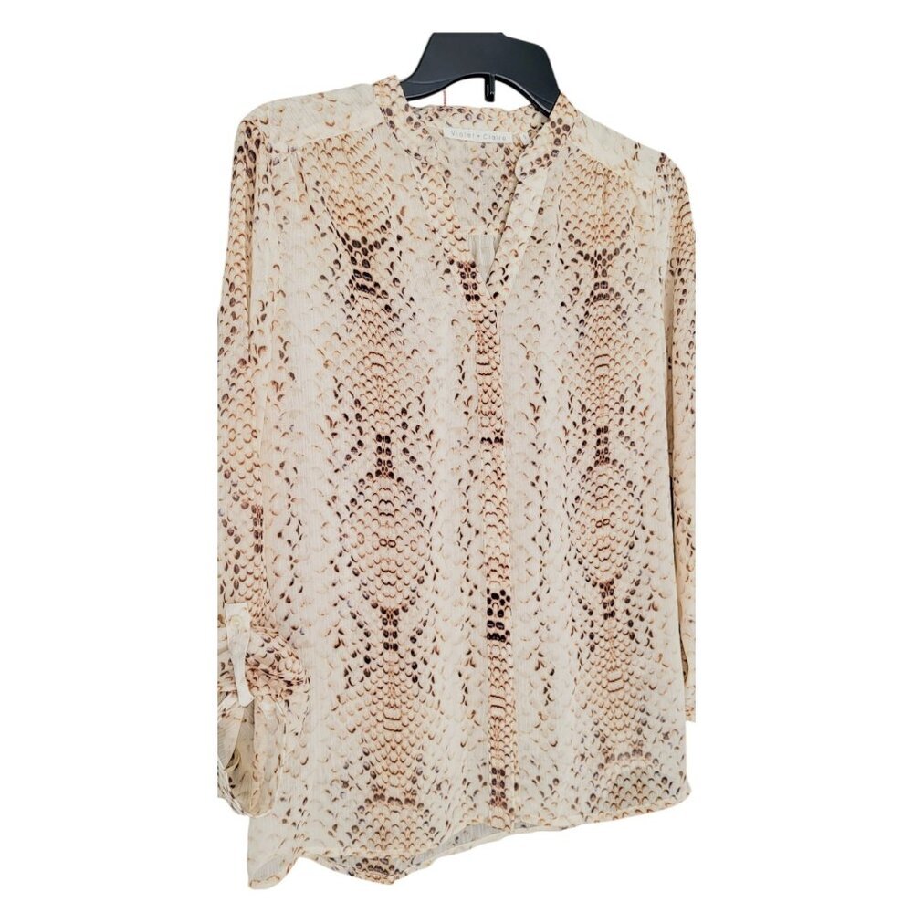 Violet & Claire Snakeskin Blouse Brown Cream Semi-Sheer Tab Sleeve Size S - NWOT
